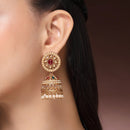 Traditional Gold Plated Red & Green CZ Studded Pearl Beaded Jhumka Earrings