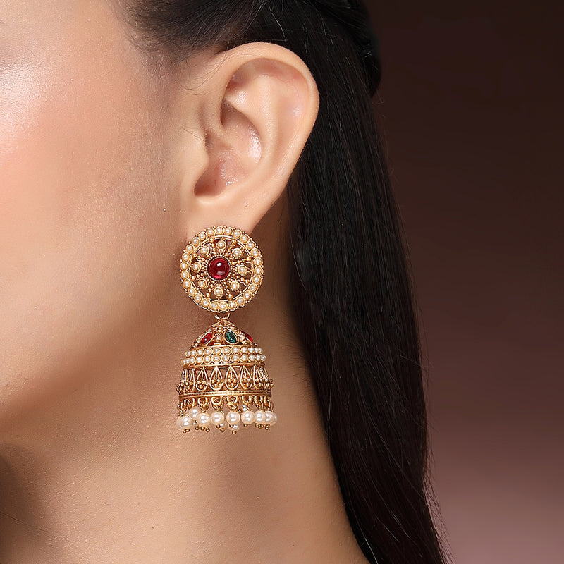 Traditional Gold Plated Red & Green CZ Studded Pearl Beaded Jhumka Earrings
