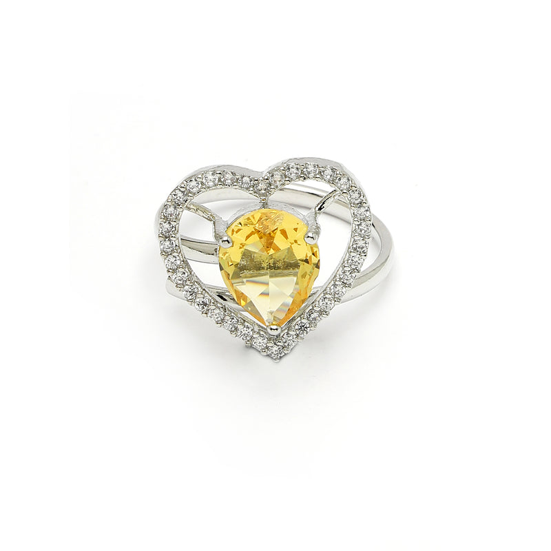 Rhodium Plated Silver Toned Heart Shaped Yellow American Diamond Studded Pendant Combo With Ring