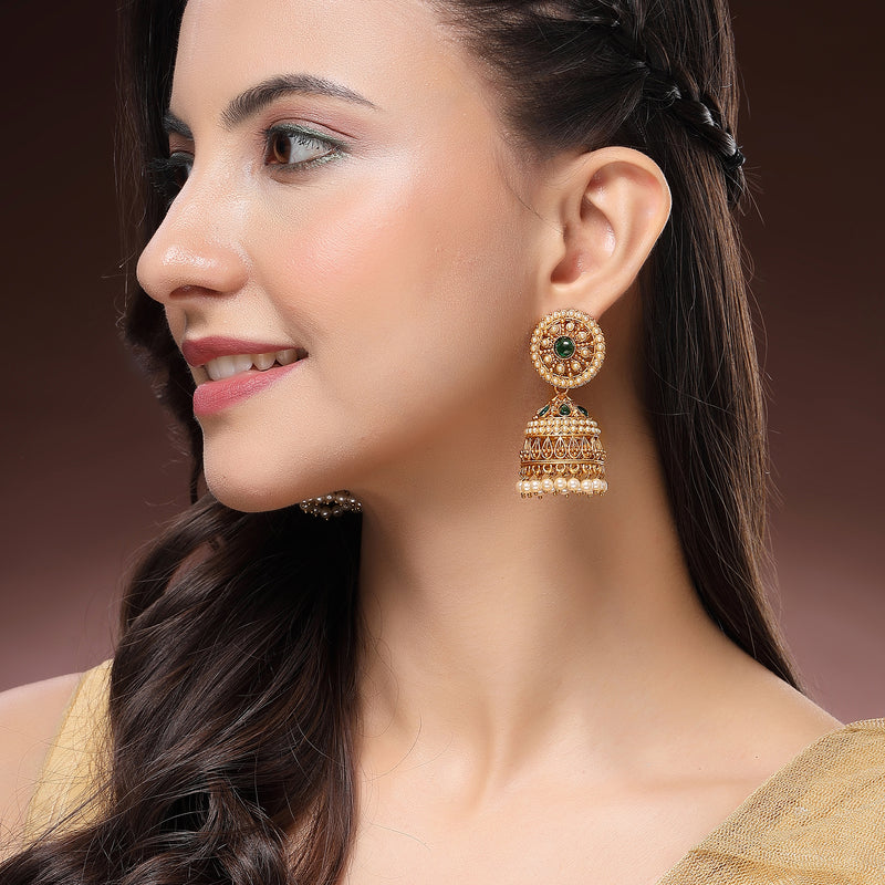 Traditional Gold Plated Green CZ Studded Pearl Beaded Jhumka Earrings
