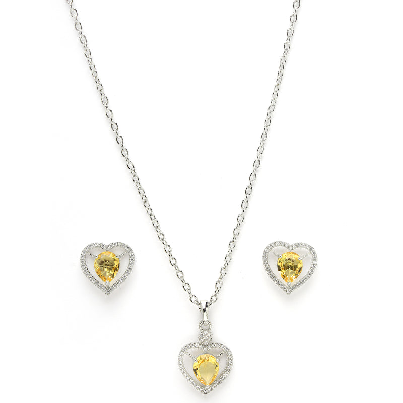 Rhodium Plated Silver Toned Heart Shaped Yellow American Diamond Studded Pendant Combo With Ring