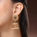Traditional Gold Plated Green CZ Studded Pearl Beaded Jhumka Earrings