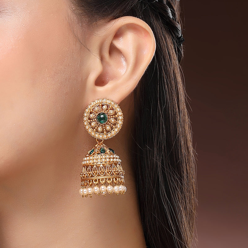 Traditional Gold Plated Green CZ Studded Pearl Beaded Jhumka Earrings