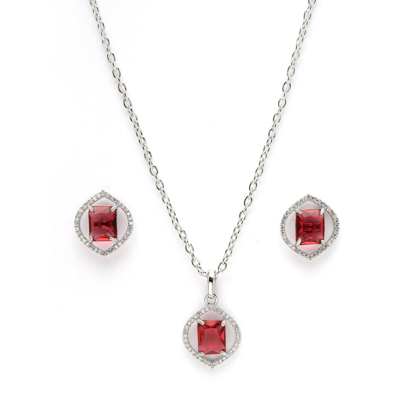 Rhodium Plated Silver Toned Ruby Red American Diamond Studded Pendant Combo With Ring