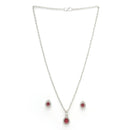 Rhodium Plated Silver Toned Tear Dropped Shaped Ruby Red American Diamond Studded Pendant Set