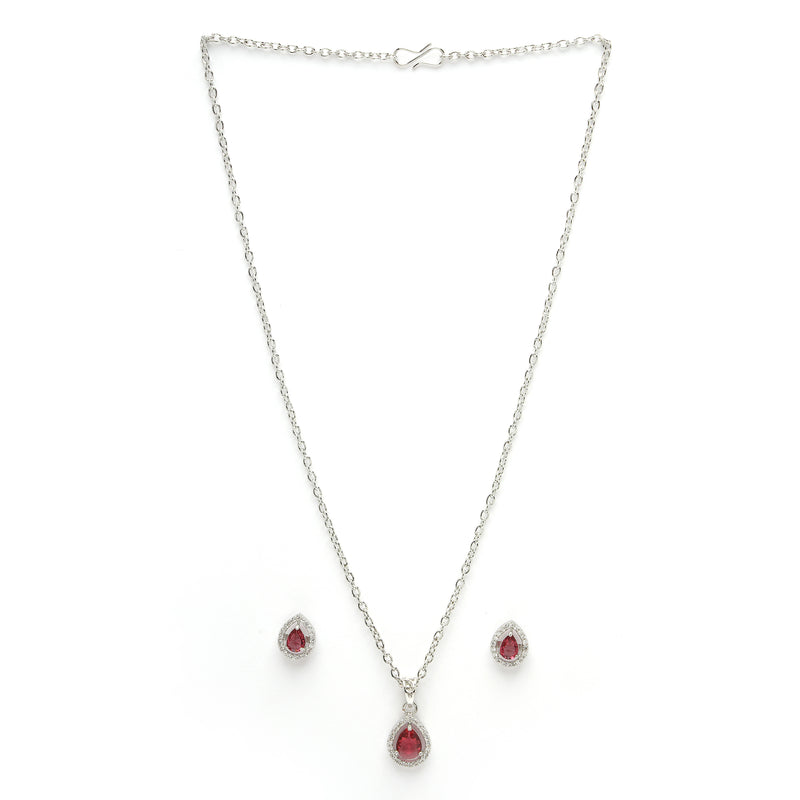 Rhodium Plated Silver Toned Tear Dropped Shaped Ruby Red American Diamond Studded Pendant Set