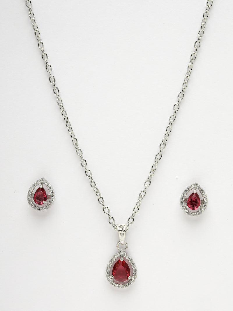 Rhodium Plated Silver Toned Tear Dropped Shaped Ruby Red American Diamond Studded Pendant Set