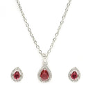 Rhodium Plated Silver Toned Tear Dropped Shaped Ruby Red American Diamond Studded Pendant Set