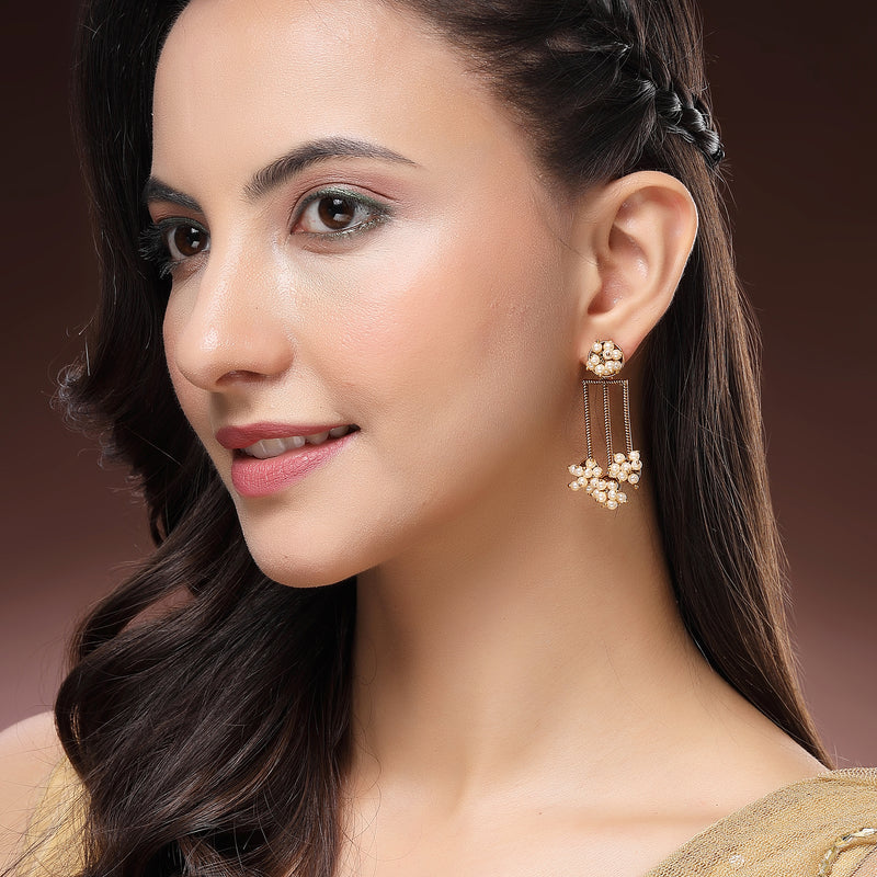 Gold Plated White Pearl Beaded Drop Earrings