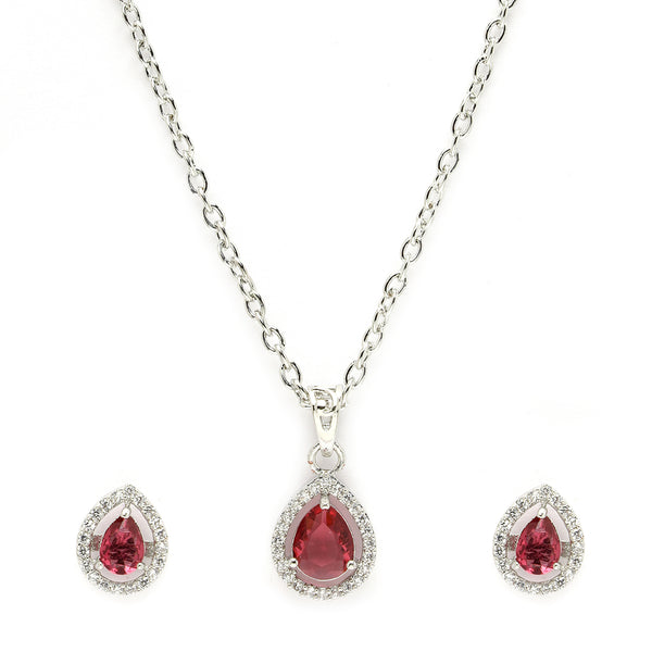 Rhodium Plated Silver Toned Tear Dropped Shaped Ruby Red American Diamond Studded Pendant Set