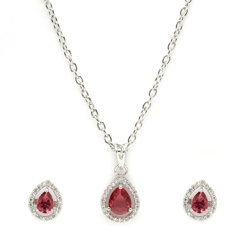 Rhodium Plated Silver Toned Tear Dropped Shaped Ruby Red American Diamond Studded Pendant Set