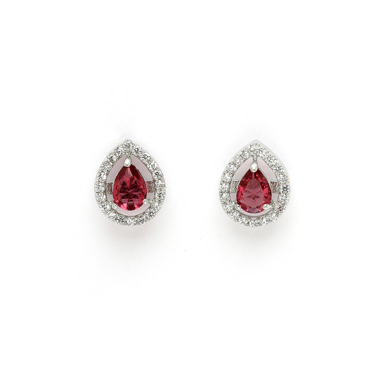 Rhodium Plated Silver Toned Tear Dropped Shaped Ruby Red American Diamond Studded Pendant Set