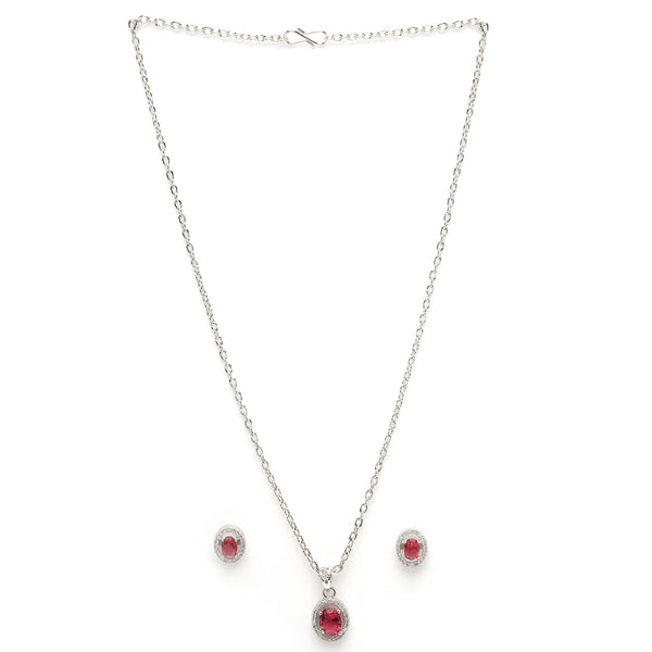 Rhodium Plated Silver Toned Oval Shaped Ruby Red American Diamond Studded Pendant Set