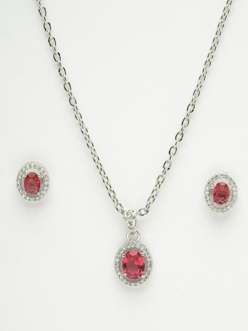 Rhodium Plated Silver Toned Oval Shaped Ruby Red American Diamond Studded Pendant Set