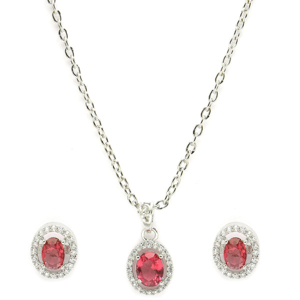 Rhodium Plated Silver Toned Oval Shaped Ruby Red American Diamond Studded Pendant Set