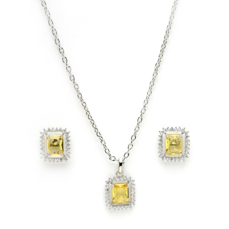 Rhodium Plated Silver Toned Yellow Square Shaped American Diamond Studded Pendant Combo With Ring