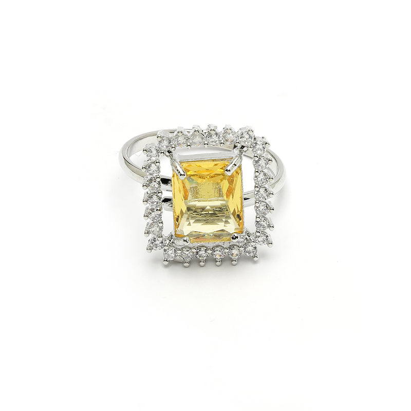 Rhodium Plated Silver Toned Yellow Square Shaped American Diamond Studded Pendant Combo With Ring