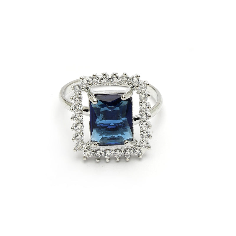 Rhodium Plated Silver Toned Square Shaped Royal Blue American Diamond Studded Pendant Combo With Ring