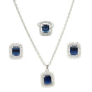 Rhodium Plated Silver Toned Square Shaped Royal Blue American Diamond Studded Pendant Combo With Ring