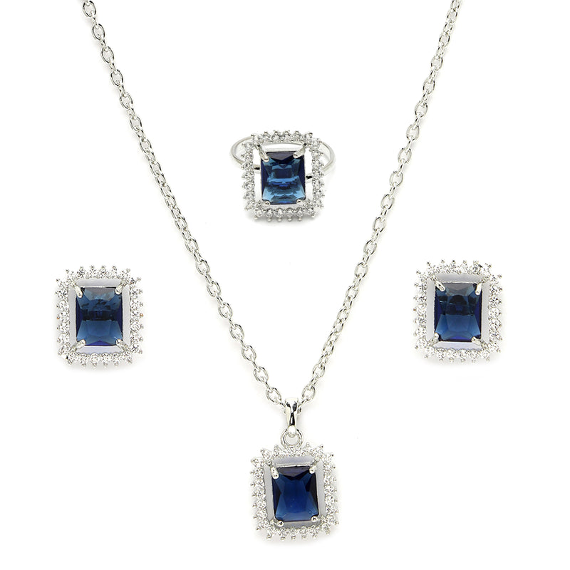 Rhodium Plated Silver Toned Square Shaped Royal Blue American Diamond Studded Pendant Combo With Ring
