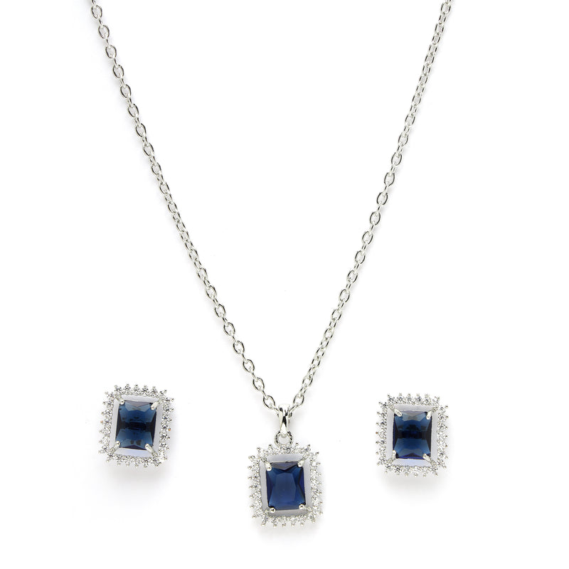Rhodium Plated Silver Toned Square Shaped Royal Blue American Diamond Studded Pendant Combo With Ring