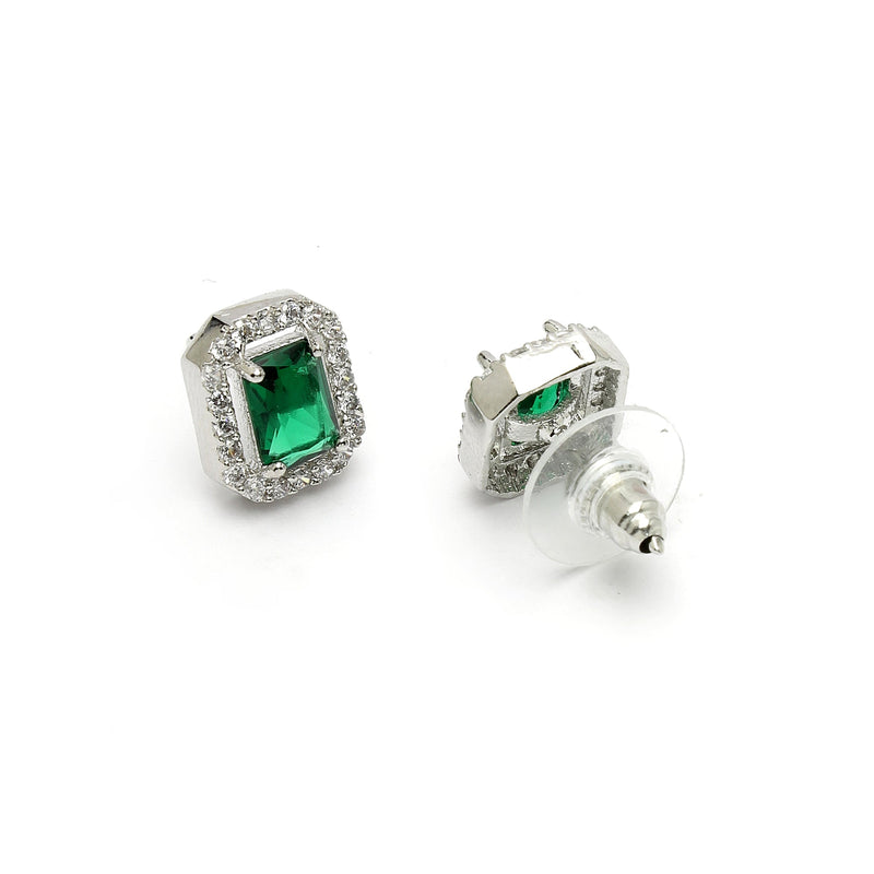Rhodium Plated Silver Toned Square Shaped Green American Diamond Studded Pendant Set