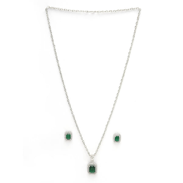 Rhodium Plated Silver Toned Square Shaped Green American Diamond Studded Pendant Set