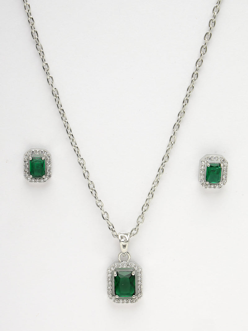 Rhodium Plated Silver Toned Square Shaped Green American Diamond Studded Pendant Set