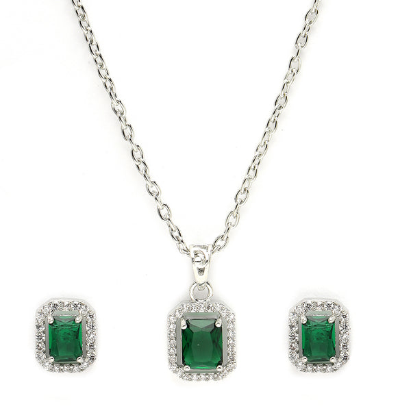 Rhodium Plated Silver Toned Square Shaped Green American Diamond Studded Pendant Set