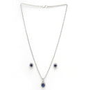 Rhodium Plated Silver Toned Oval Shaped Royal Blue American Diamond Studded Pendant Set