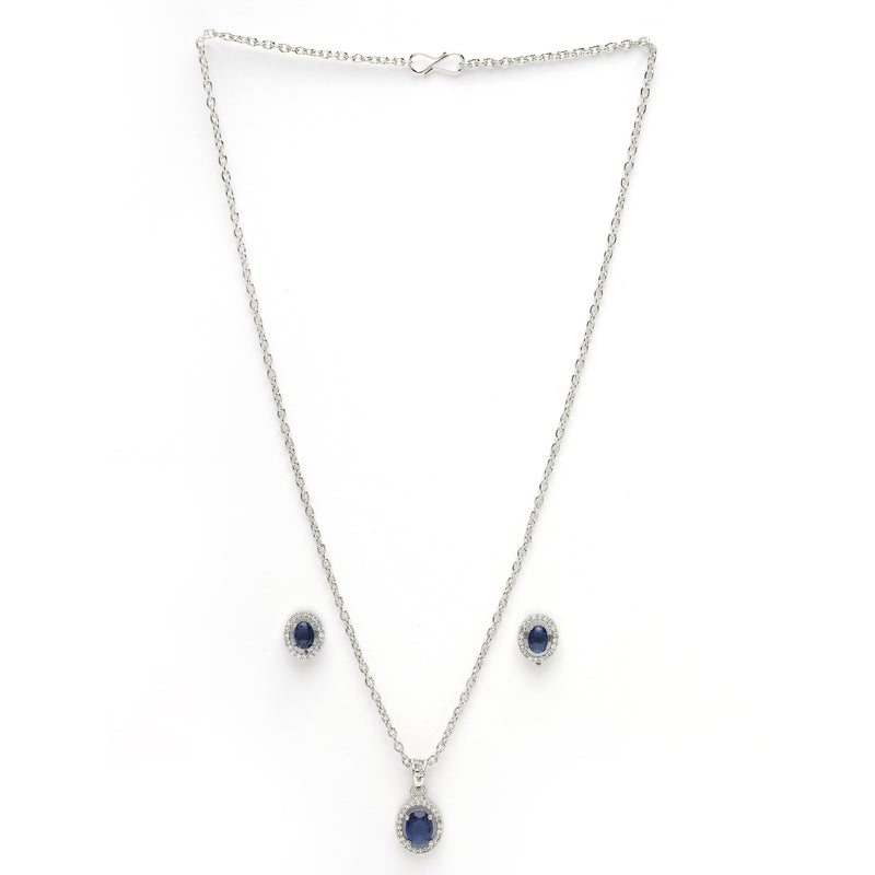 Rhodium Plated Silver Toned Oval Shaped Royal Blue American Diamond Studded Pendant Set