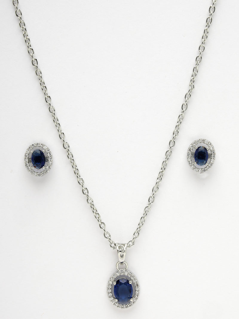 Rhodium Plated Silver Toned Oval Shaped Royal Blue American Diamond Studded Pendant Set