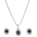 Rhodium Plated Silver Toned Oval Shaped Royal Blue American Diamond Studded Pendant Set