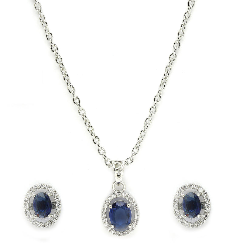 Rhodium Plated Silver Toned Oval Shaped Royal Blue American Diamond Studded Pendant Set