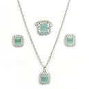 Rhodium Plated Silver Toned Square Shaped Sea Blue American Diamond Studded Pendant Combo With Ring