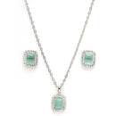 Rhodium Plated Silver Toned Square Shaped Sea Blue American Diamond Studded Pendant Combo With Ring