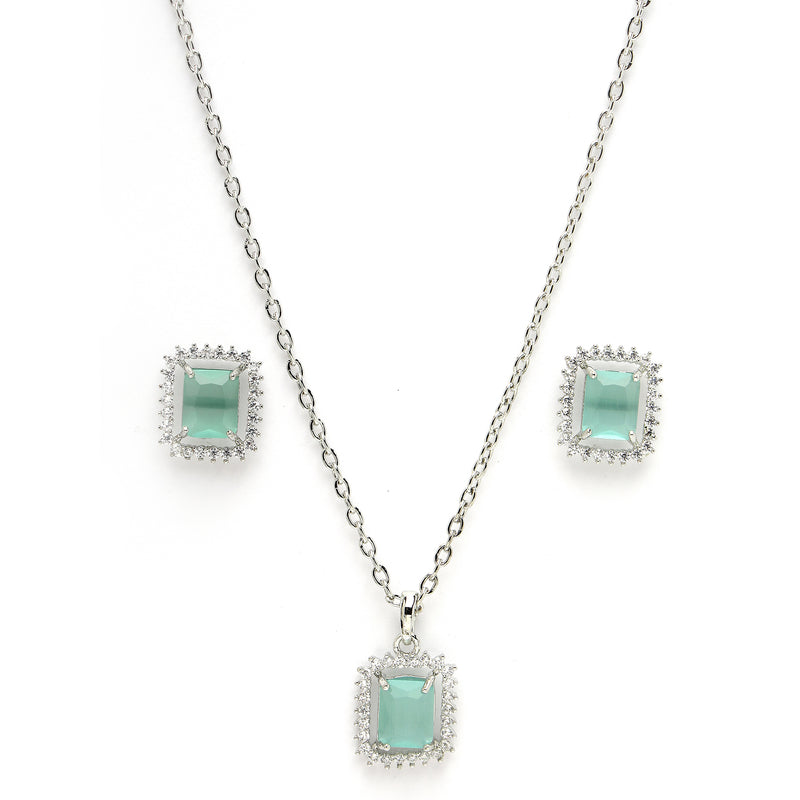 Rhodium Plated Silver Toned Square Shaped Sea Blue American Diamond Studded Pendant Combo With Ring