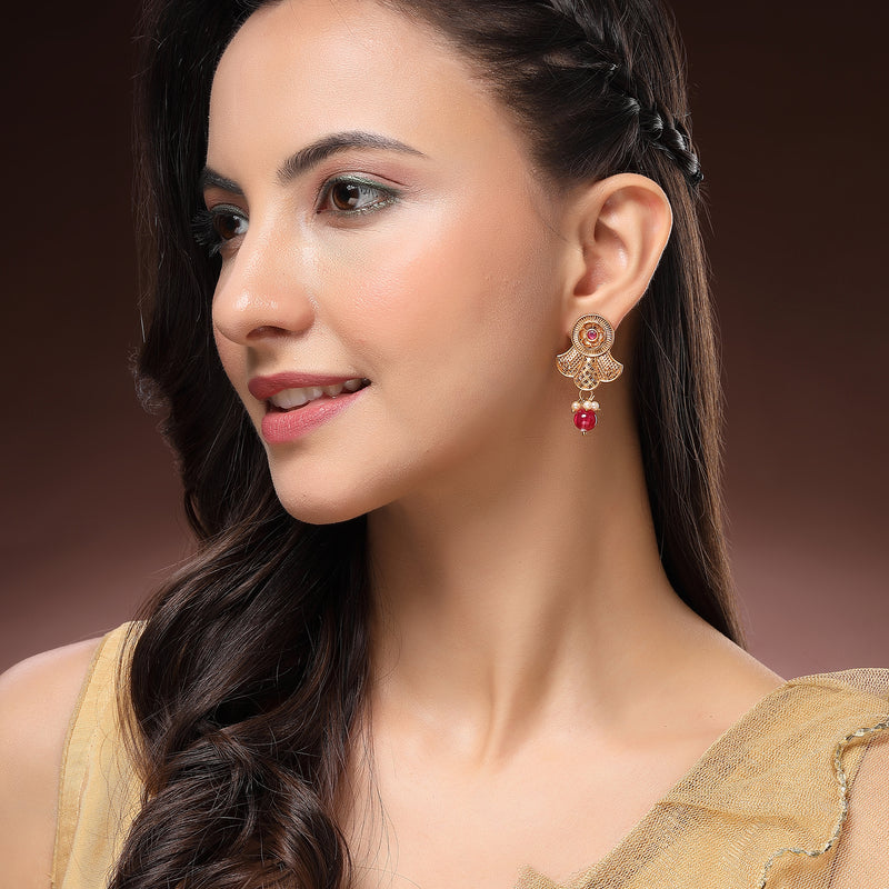 Traditional Gold Plated Floral Shaped  Red Pearl Beaded Earrings