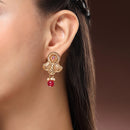 Traditional Gold Plated Floral Shaped  Red Pearl Beaded Earrings