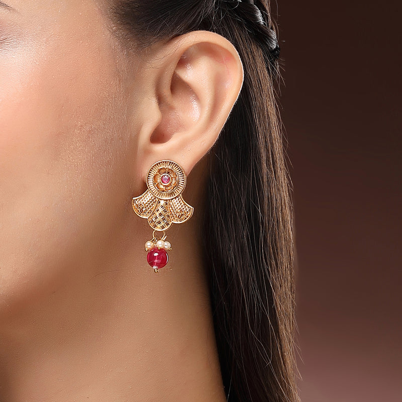 Traditional Gold Plated Floral Shaped  Red Pearl Beaded Earrings