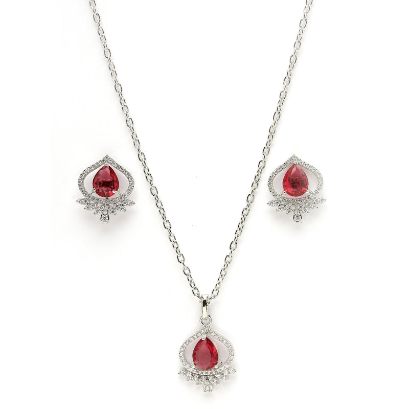 Rhodium Plated Silver Toned Ruby Red Tear dropped  Shaped American Diamond Studded Pendant Combo With Ring