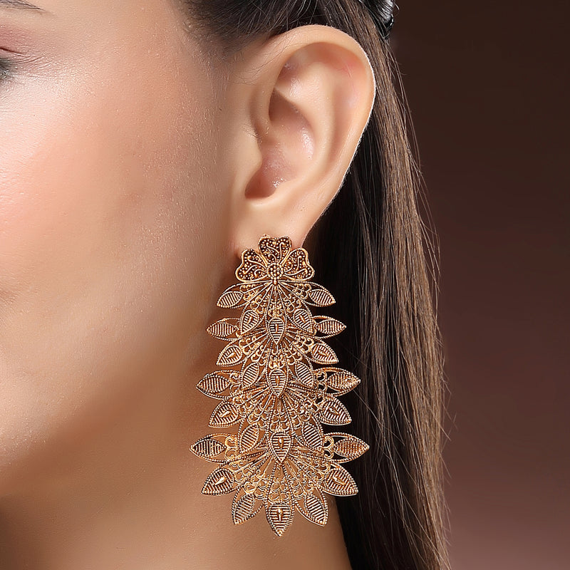 Gold Plated Mehendi Tond Multi-Layer Leaf Design Dangler Earrings
