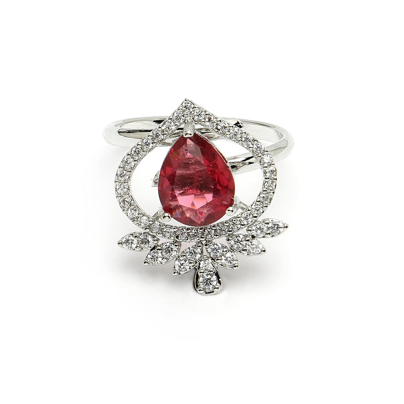 Rhodium Plated Silver Toned Ruby Red Tear dropped  Shaped American Diamond Studded Pendant Combo With Ring