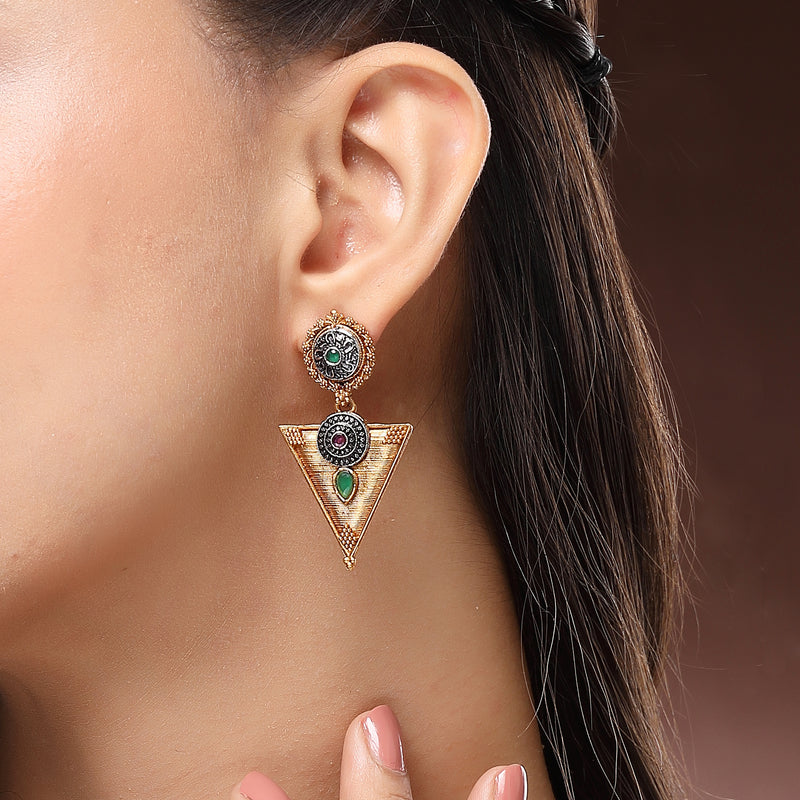 Oxidised Gold Plated Triangle Shaped Green CZ Studded Earrings