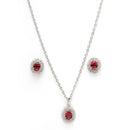 Rhodium Plated Silver Toned Oval Shaped Ruby Red American Diamond Studded Pendant Combo With Ring