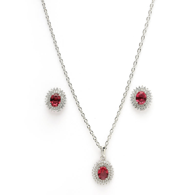 Rhodium Plated Silver Toned Oval Shaped Ruby Red American Diamond Studded Pendant Combo With Ring