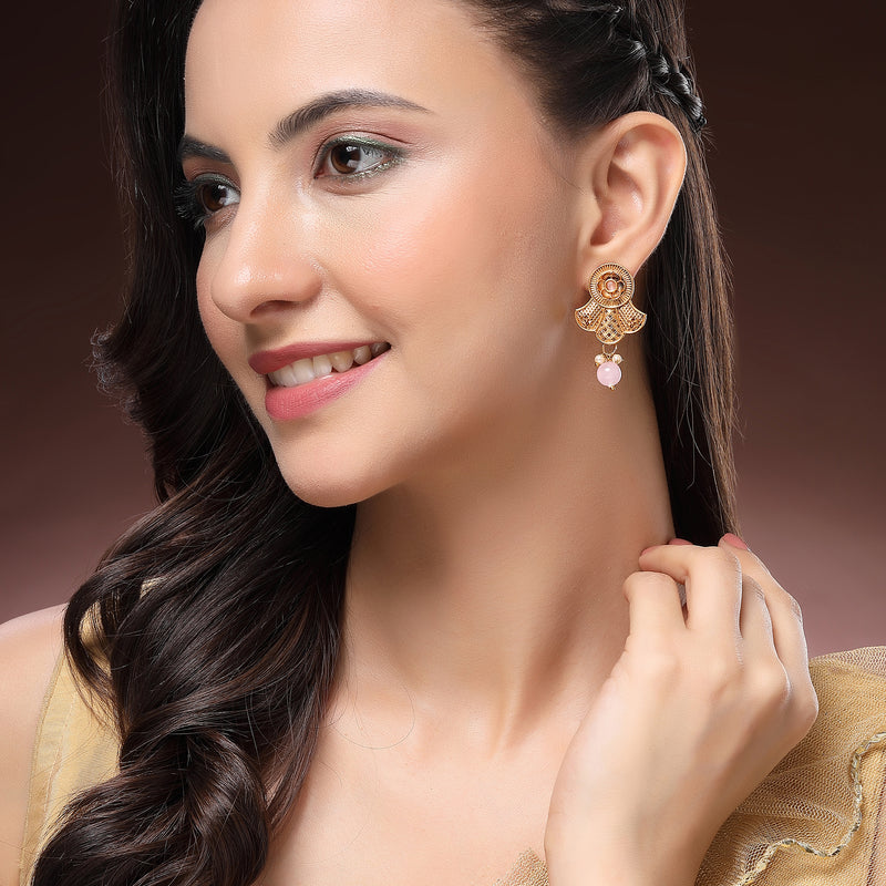 Traditional Gold Plated Floral Shaped  Pink Pearl Beaded Earrings
