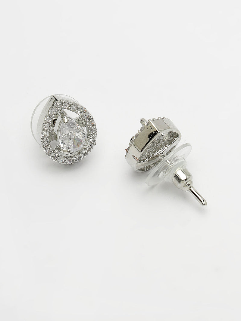 Rhodium Plated Silver Toned Tear Dropped Shaped Crystal White American Diamond Studded Pendant Set