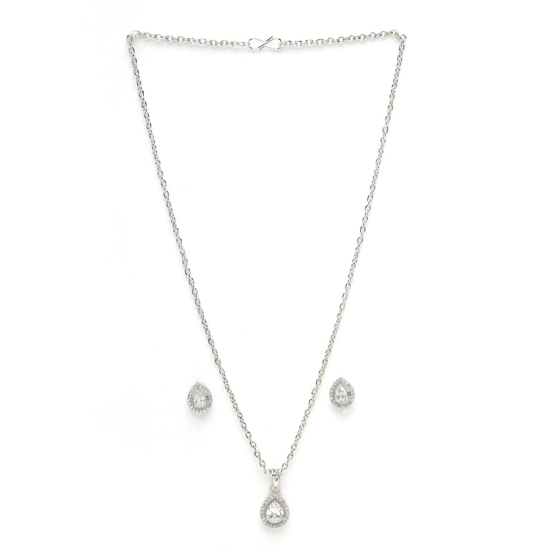 Rhodium Plated Silver Toned Tear Dropped Shaped Crystal White American Diamond Studded Pendant Set