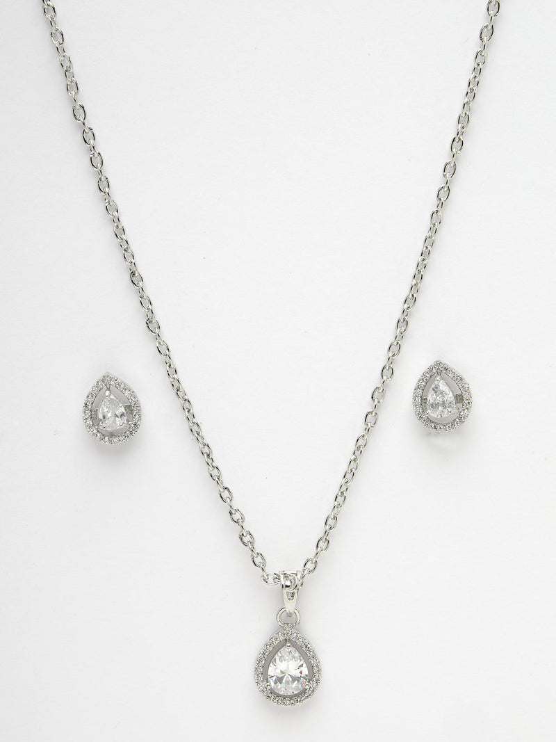 Rhodium Plated Silver Toned Tear Dropped Shaped Crystal White American Diamond Studded Pendant Set